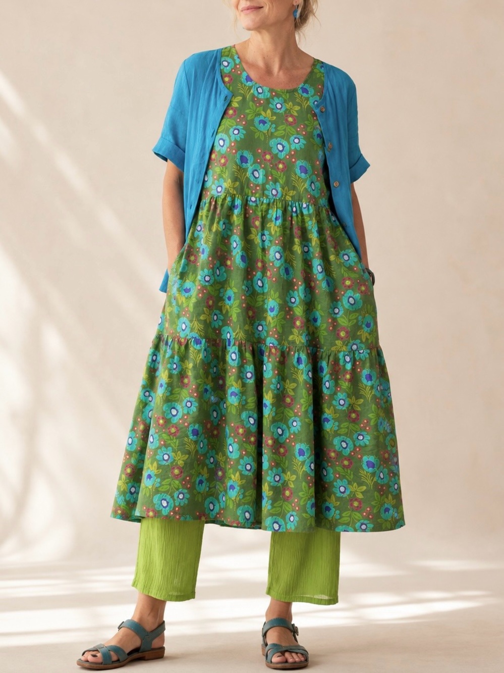 Gudrun Sjoden Floral Tiered Dress Green Size S A-Line Cotton Scandinavian